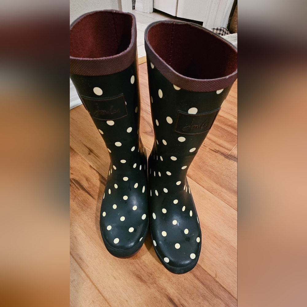 Joules Molly Welly Navy Blue, Purple And White Polka Dot Rain Boots